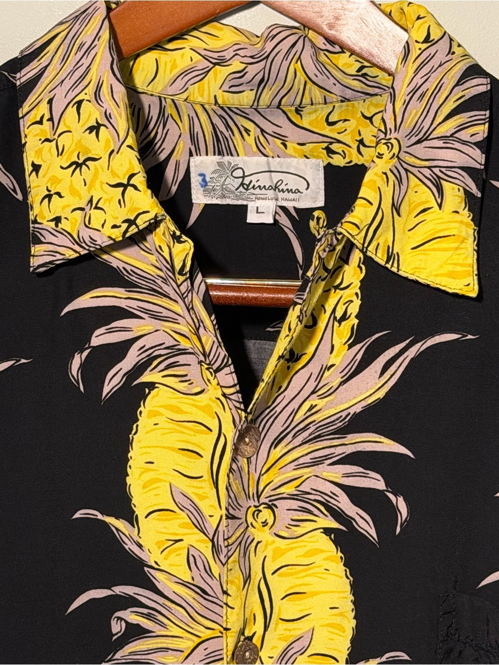 Vintage Himaluna Honolulu Hawaii Men's Yellow Pineapple Print Camp Shirt